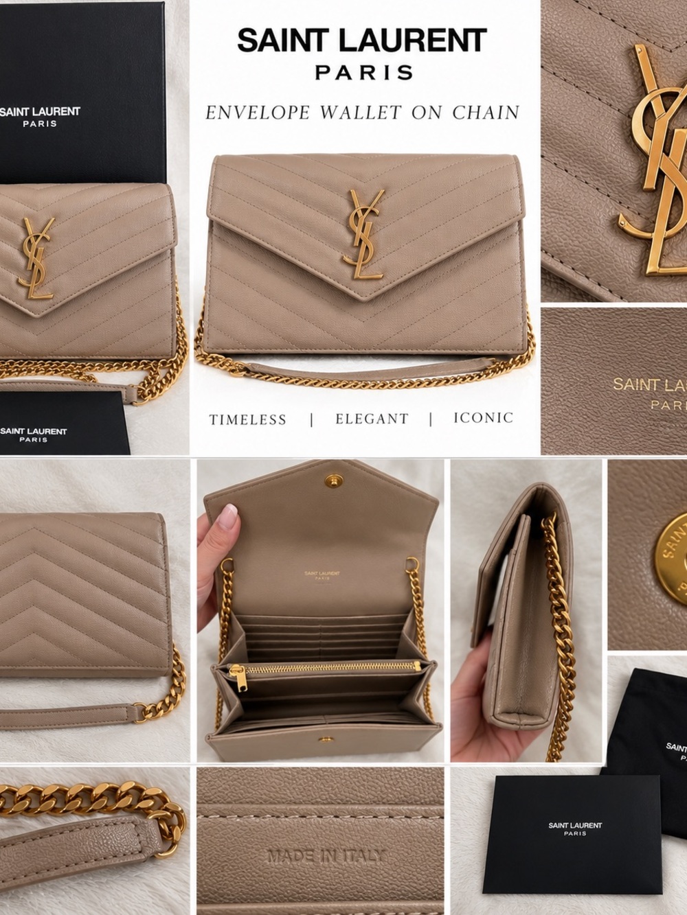 Saint Laurent Envelope Wallet on Chain in Taupe Beige with Gold Hardware